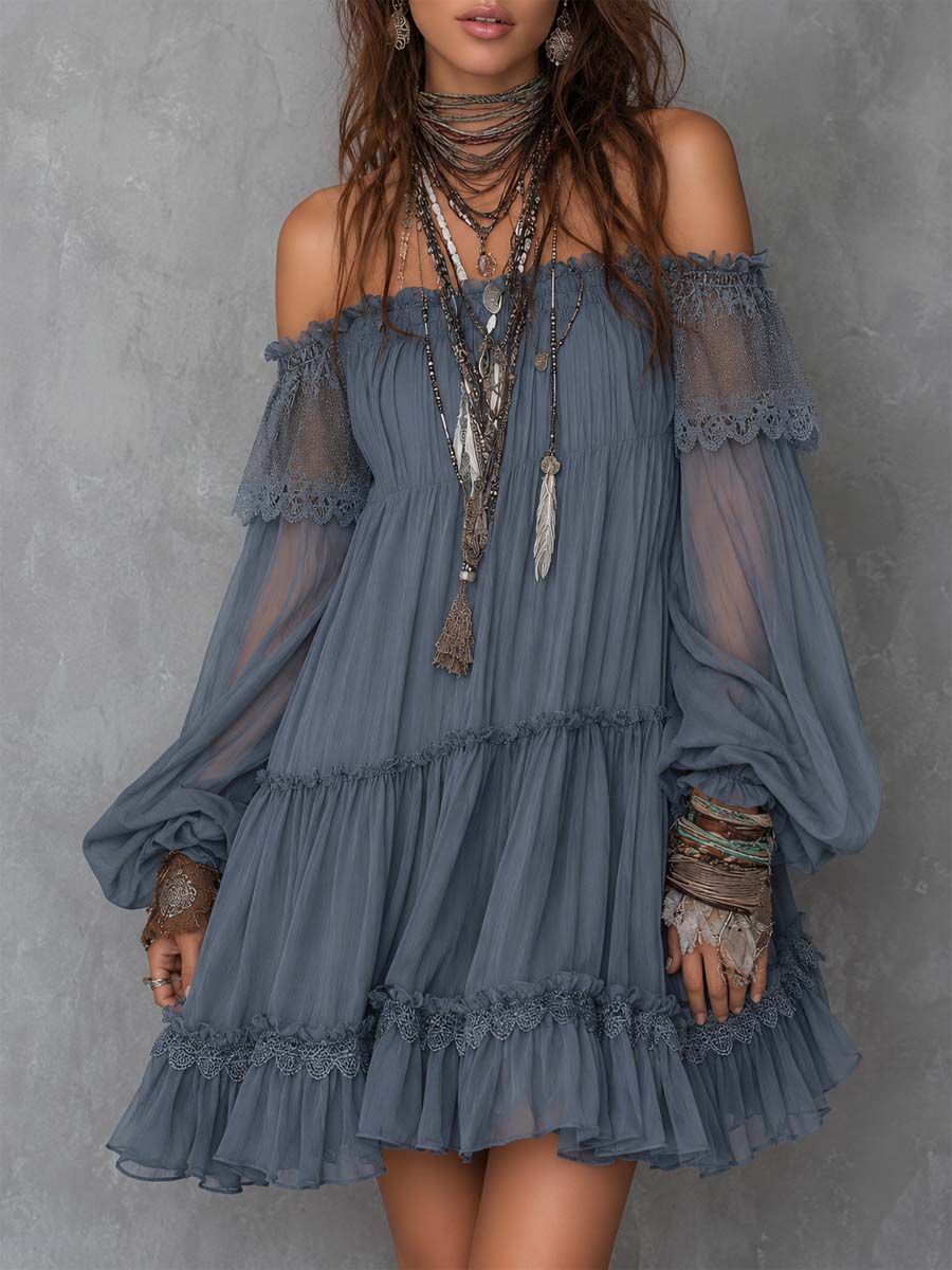 Dusty Blue Off-Shoulder Lace And Chiffon Mini Dress
