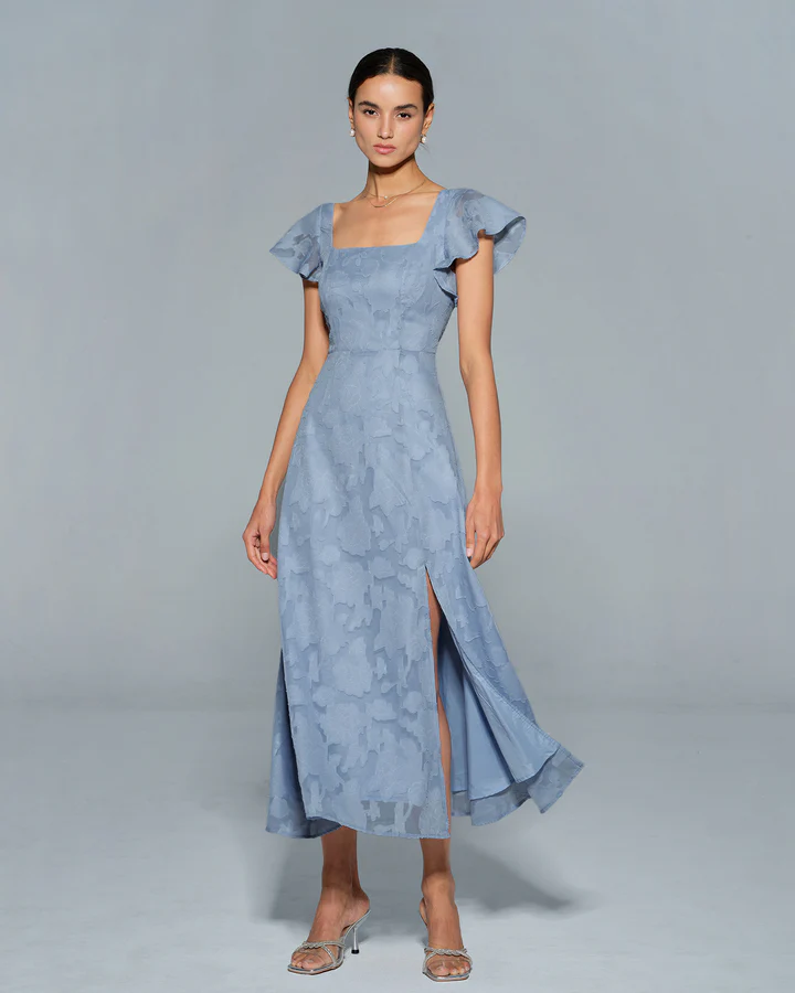 Dusty Blue Square Neck Flutter Sleeve Burnout Floral Back Tie Slit Midi Dress