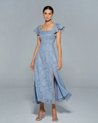 Dusty Blue Square Neck Flutter Sleeve Burnout Floral Back Tie Slit Midi Dress