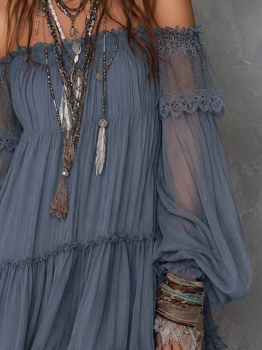 Dusty Blue Off-Shoulder Lace And Chiffon Mini Dress
