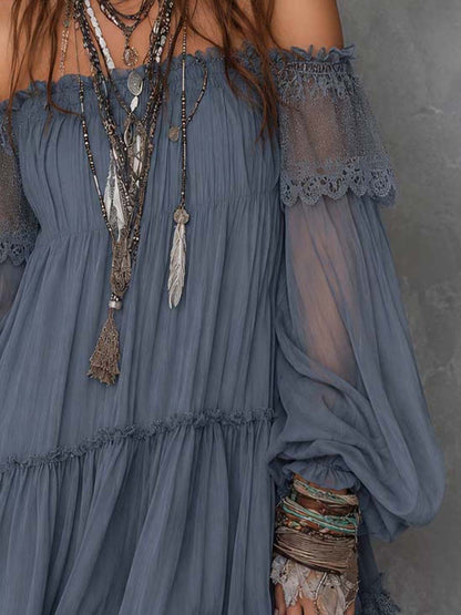 Dusty Blue Off-Shoulder Lace And Chiffon Mini Dress
