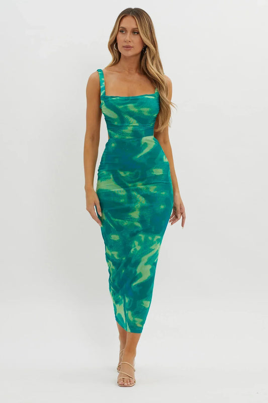 Dream Crush Lace-Up Back Side Split Maxi Dress Swirl Green
