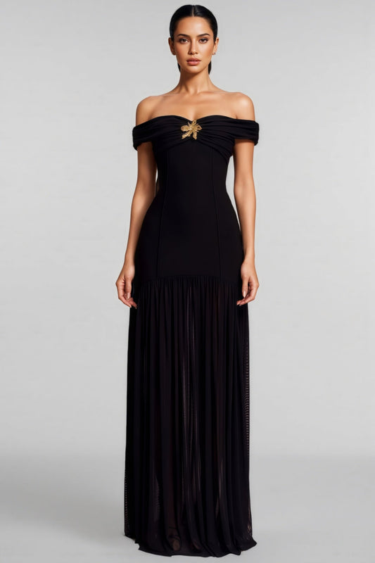 Dravert Black Mesh Backless Pleated Maxi Dress