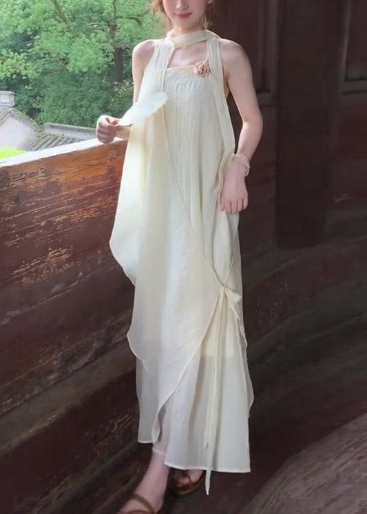 Beige Chiffon Holiday Halter Dress Two Piece Set Asymmetrical Summer