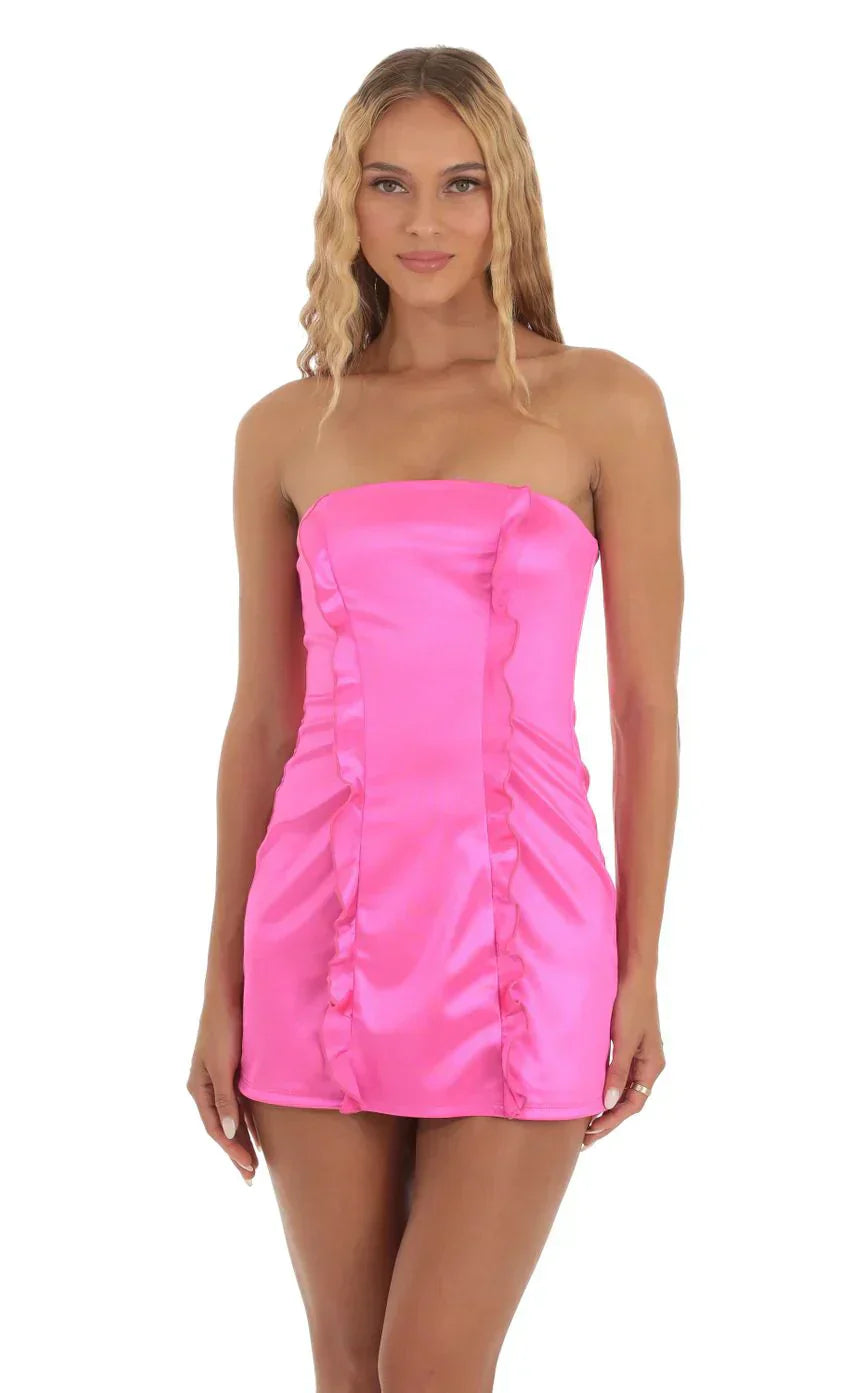 Double Ruffle Strapless Dress in Hot Pink