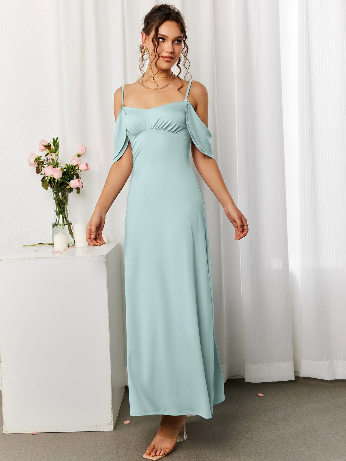 Draped Sleeve Ruched Bust Bodycon Dress