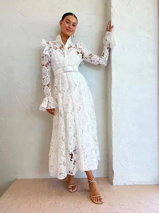 2024 French Temperament WaterSoluble SingleBreasted Lace Dress