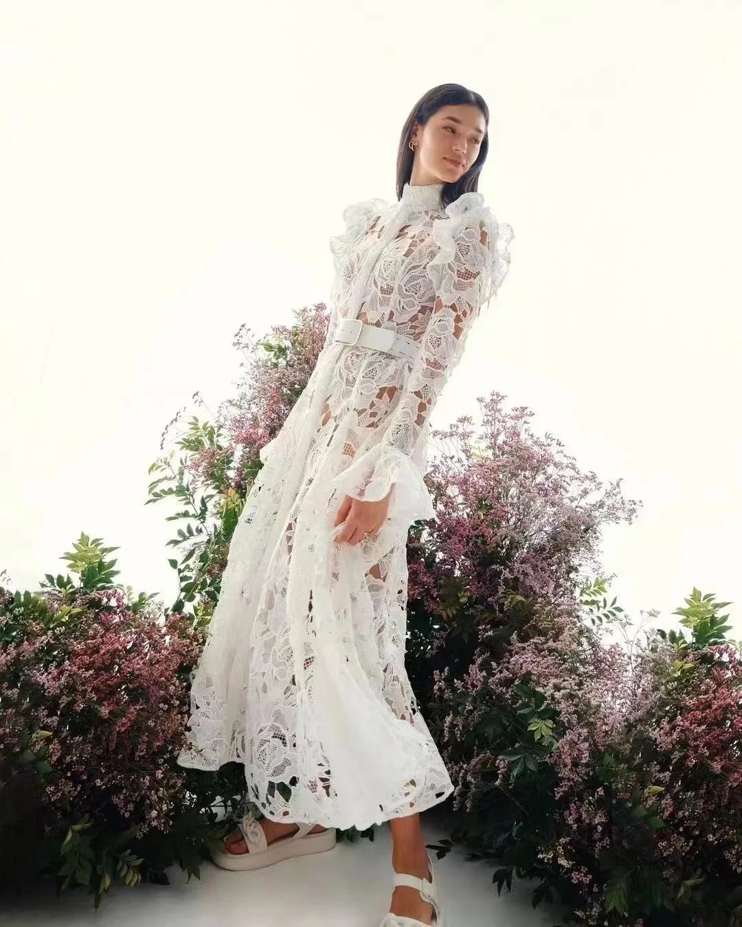 2024 French Temperament WaterSoluble SingleBreasted Lace Dress