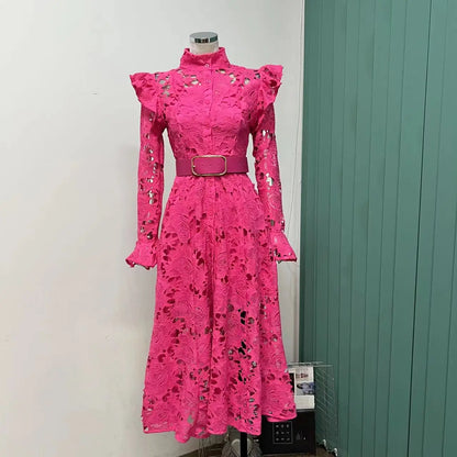 2024 French Temperament WaterSoluble SingleBreasted Lace Dress