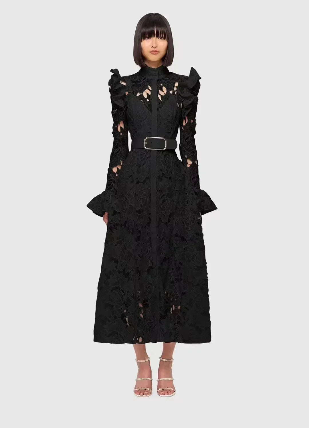 2024 French Temperament WaterSoluble SingleBreasted Lace Dress