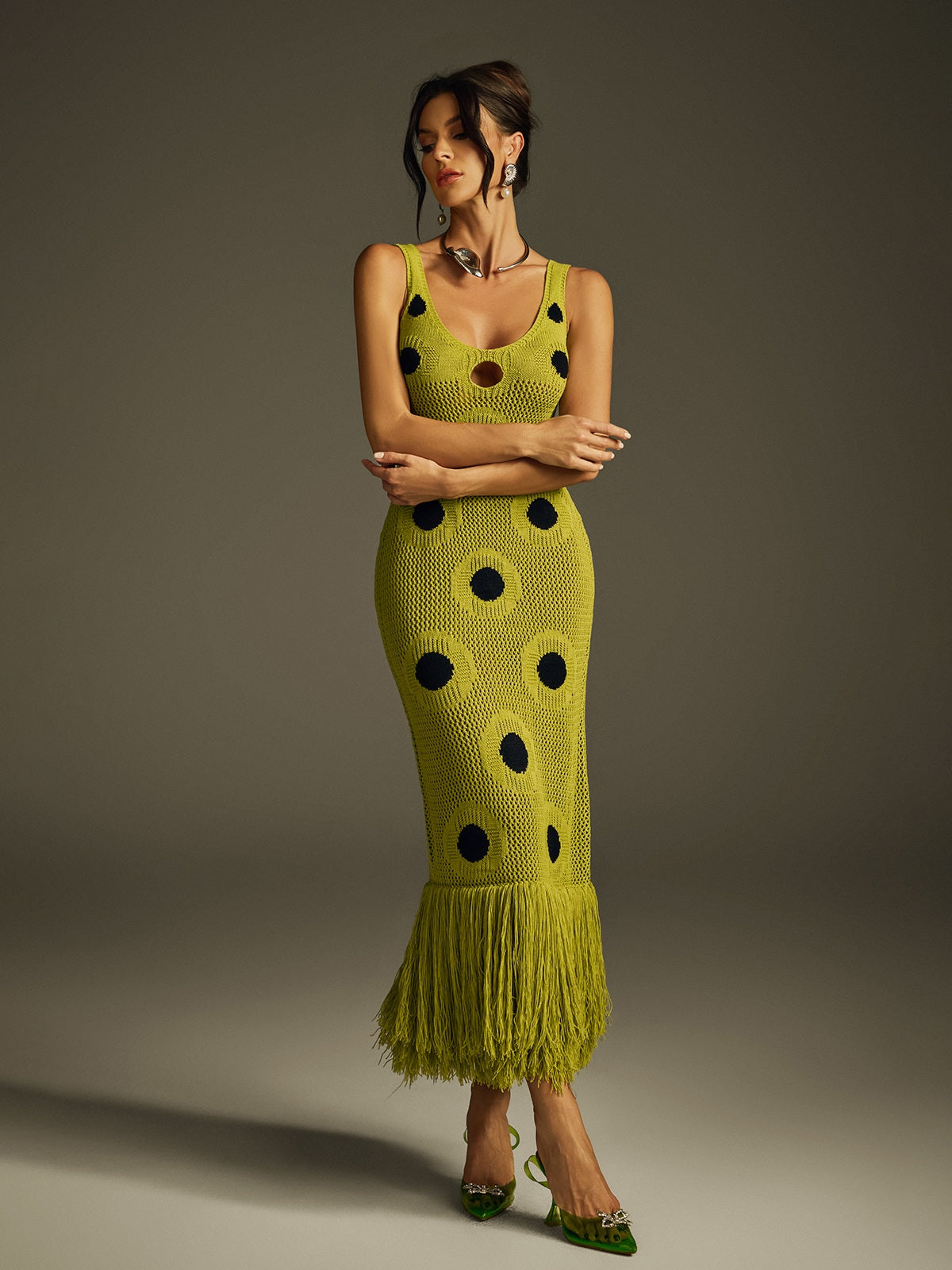Dot Fringe Knitted Midi Dress