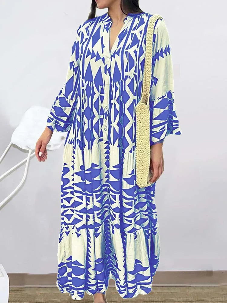 2024 Elegant Vintage Floral Printed Boho Dress with Long Sleeves