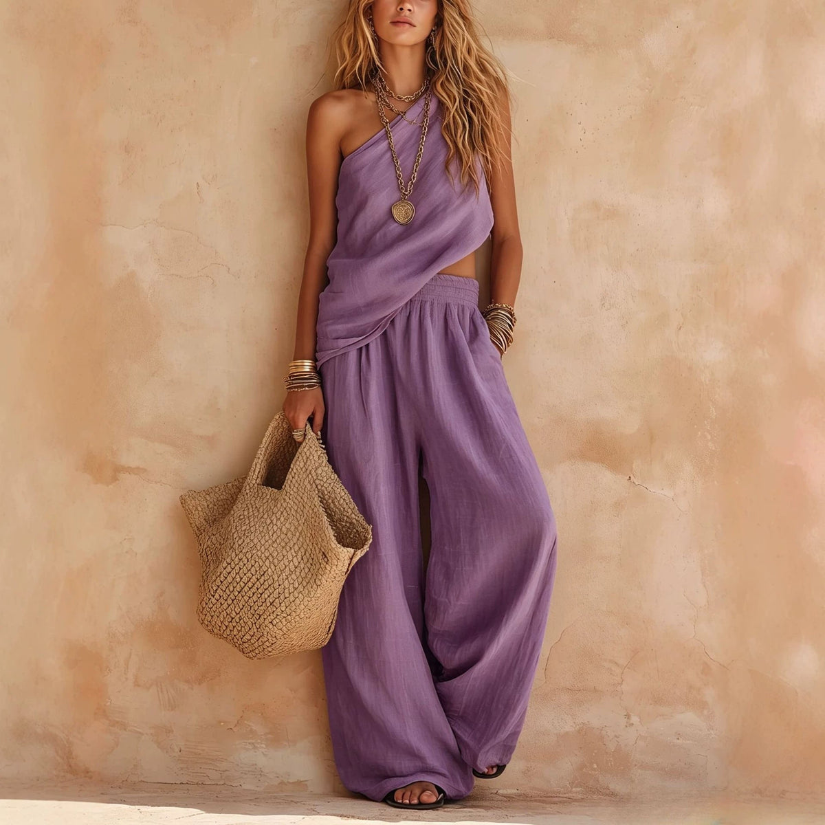 Dusty Pink Asymmetrical One-Shoulder Linen Two-Piece Pants Set