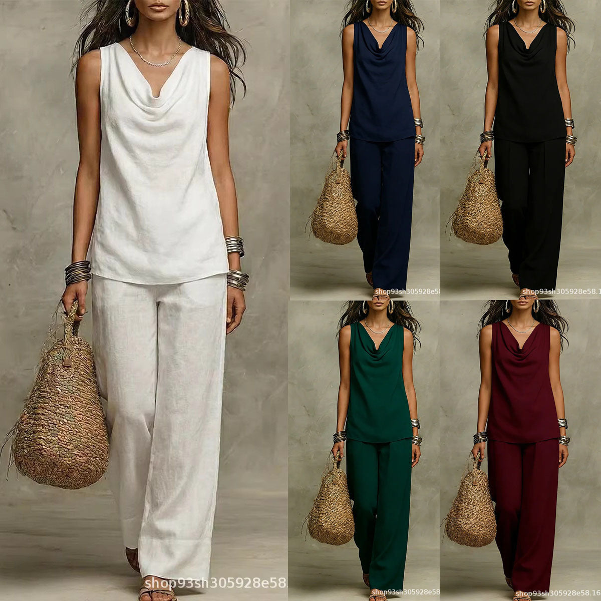 Effortless Drape Two-Piece Set - Sleeveless Cowl Neck Top & Wide Leg Pants