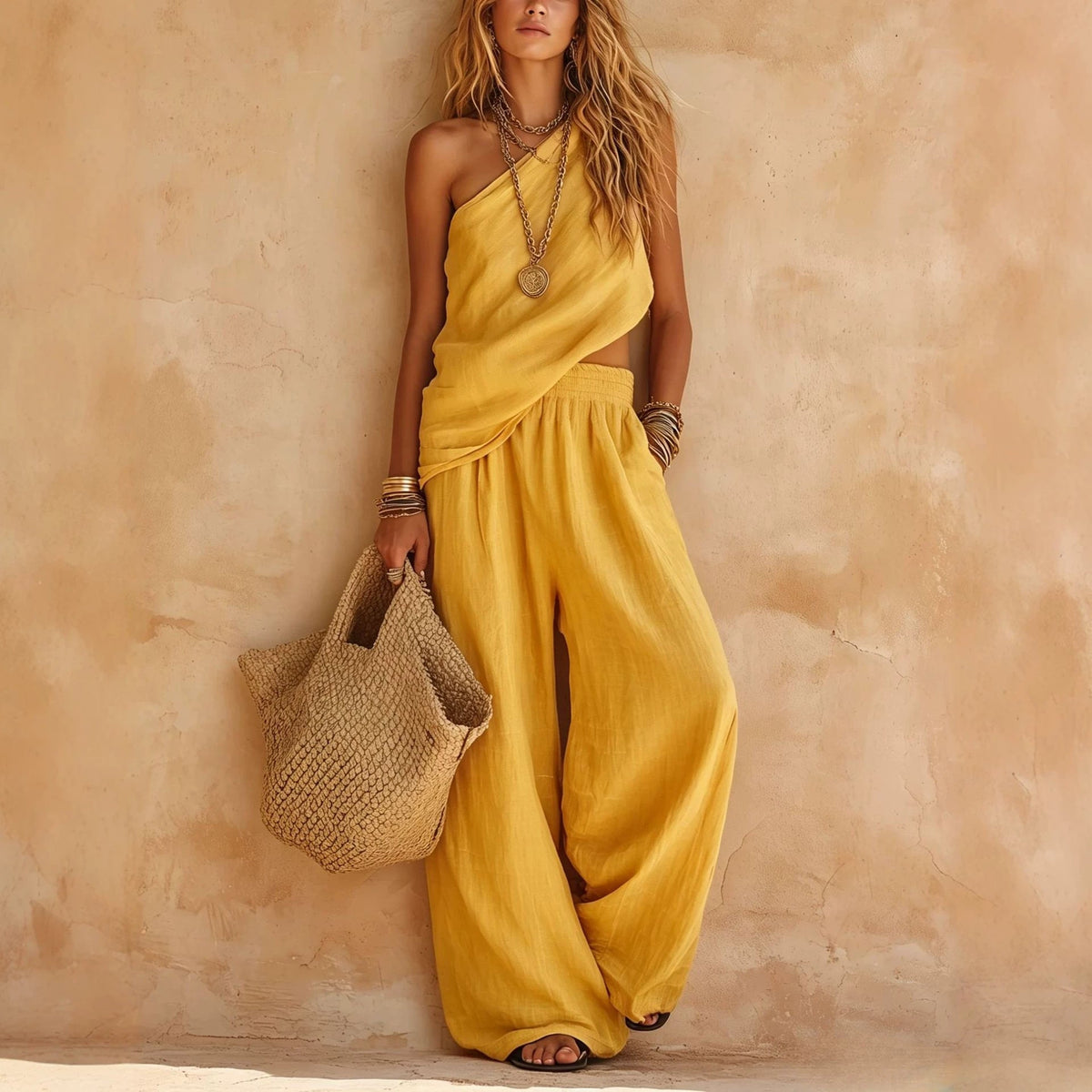 Dusty Pink Asymmetrical One-Shoulder Linen Two-Piece Pants Set
