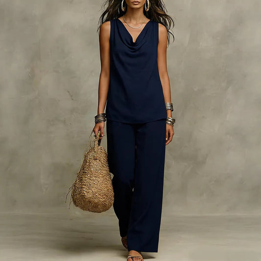 Effortless Drape Two-Piece Set - Sleeveless Cowl Neck Top & Wide Leg Pants
