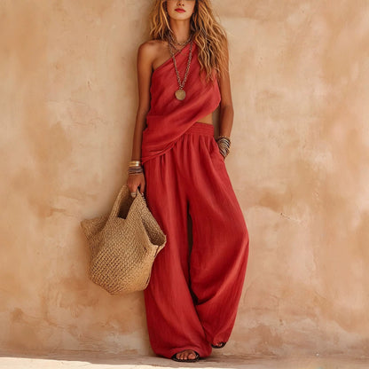 Dusty Pink Asymmetrical One-Shoulder Linen Two-Piece Pants Set