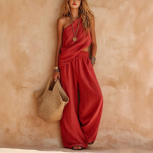 Dusty Pink Asymmetrical One-Shoulder Linen Two-Piece Pants Set