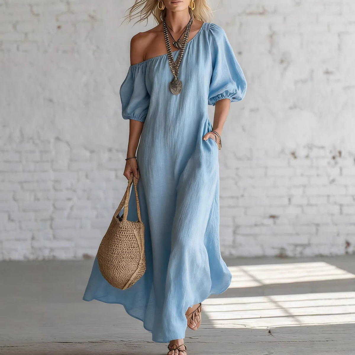 Effortless Off-Shoulder Linen-Blend Maxi Dress