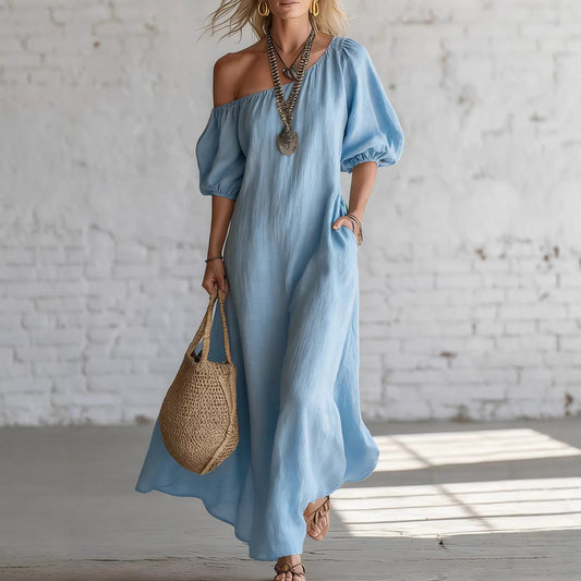 Effortless Off-Shoulder Linen-Blend Maxi Dress
