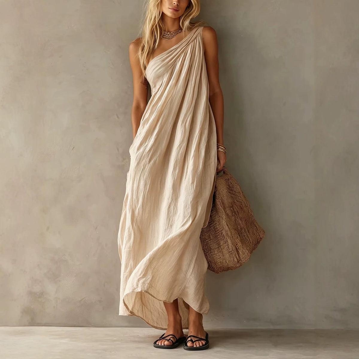 Dusty Pink One Shoulder Ruched Linen Maxi Dress