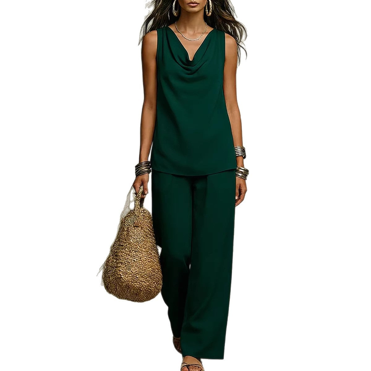 Effortless Drape Two-Piece Set - Sleeveless Cowl Neck Top & Wide Leg Pants