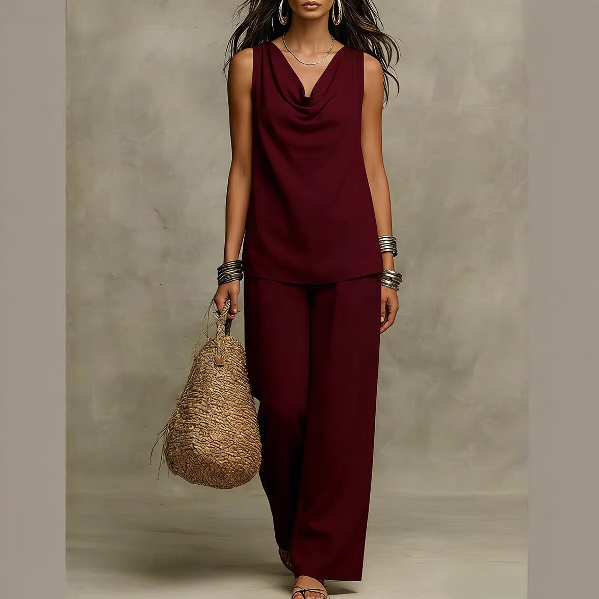 Effortless Drape Two-Piece Set - Sleeveless Cowl Neck Top & Wide Leg Pants