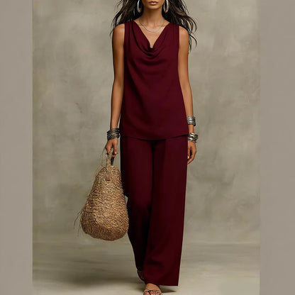 Effortless Drape Two-Piece Set - Sleeveless Cowl Neck Top & Wide Leg Pants