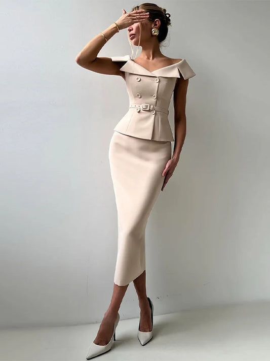 DoubleBreasted Belt Skirt Suit