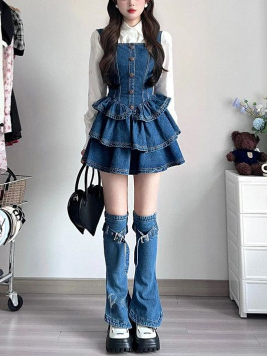 2024 Autumn Camisole Jean Dress Sleeveless Denim Slim Vintage Y2k Mini Dress Women 3 Piece Dress Set Korean Fashion Clothing