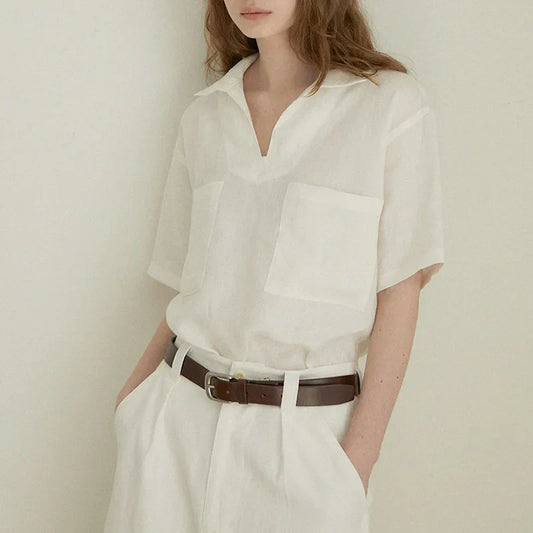 100% Linen Vneck Short Sleeve Blouse
