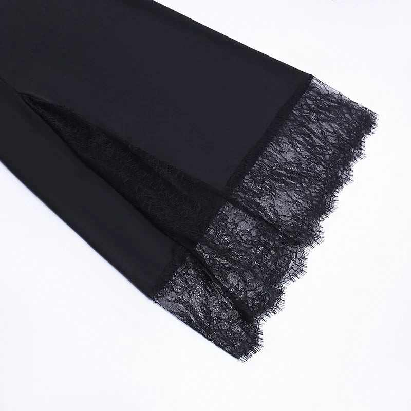 2024 Black Spaghetti Strap Backless Split Lace Dress