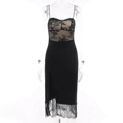 2024 Black Spaghetti Strap Backless Split Lace Dress