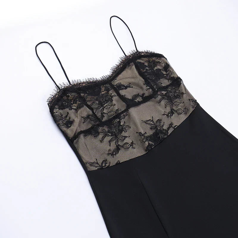 2024 Black Spaghetti Strap Backless Split Lace Dress