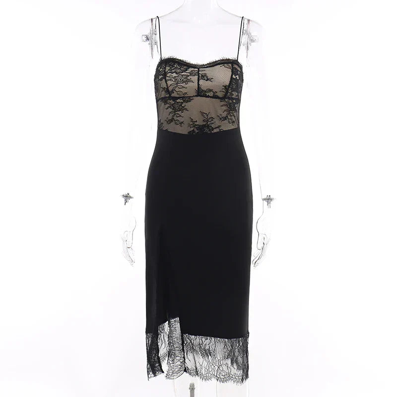2024 Black Spaghetti Strap Backless Split Lace Dress
