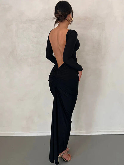 Draped Backless Long Sleeve Maxi Dress