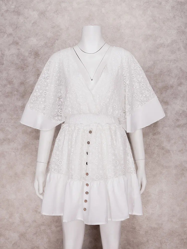 2024 Deep V Neck Lace Tunic Mini Boho Dress
