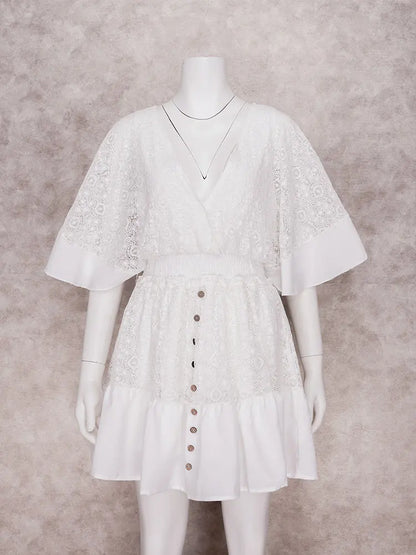 2024 Deep V Neck Lace Tunic Mini Boho Dress