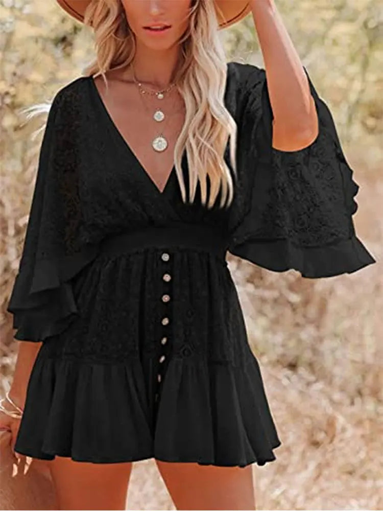 2024 Deep V Neck Lace Tunic Mini Boho Dress
