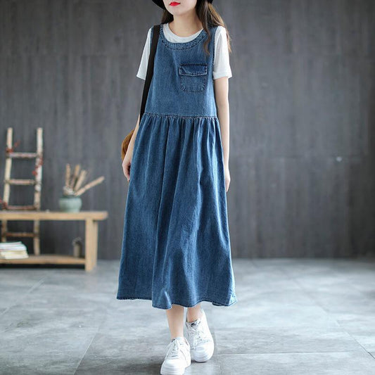 2023 Women Loose Denim Pleated Pinafore Dress