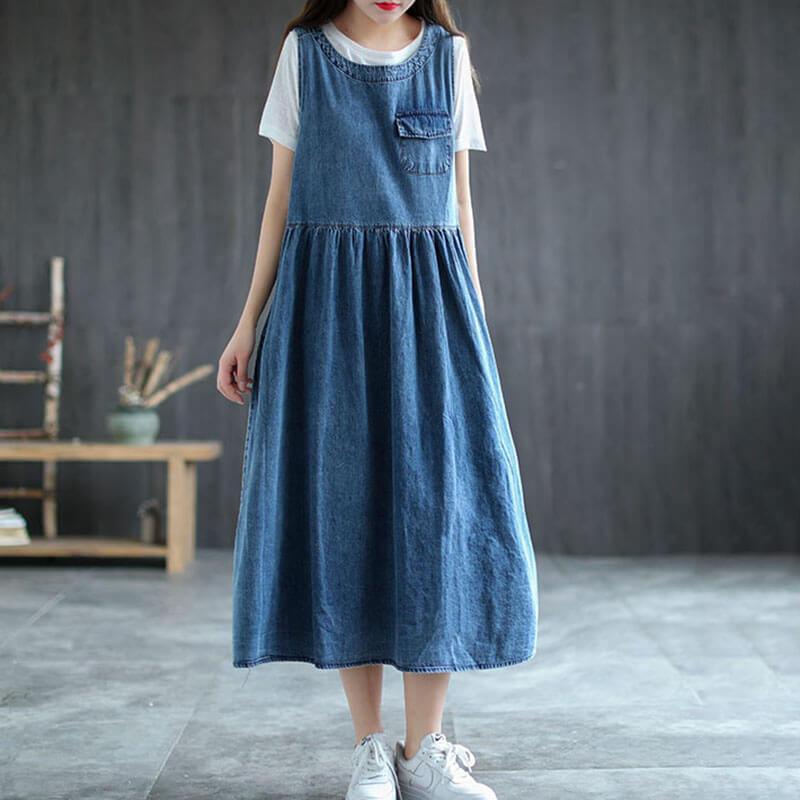 2023 Women Loose Denim Pleated Pinafore Dress