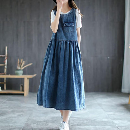 2023 Women Loose Denim Pleated Pinafore Dress