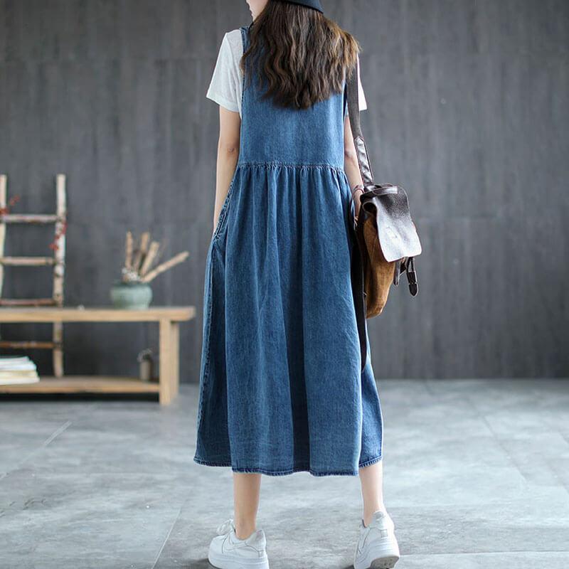 2023 Women Loose Denim Pleated Pinafore Dress