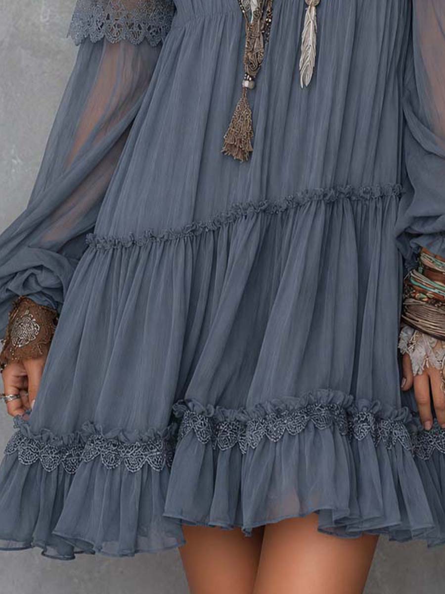 Dusty Blue Off-Shoulder Lace And Chiffon Mini Dress