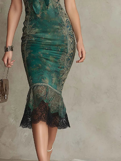 Elegant Retro-Print Fishtail Midi Dress