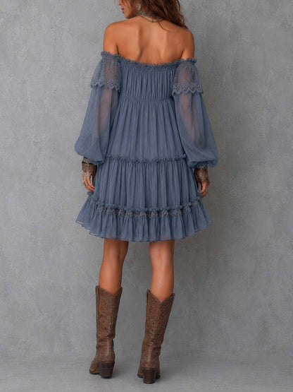 Dusty Blue Off-Shoulder Lace And Chiffon Mini Dress