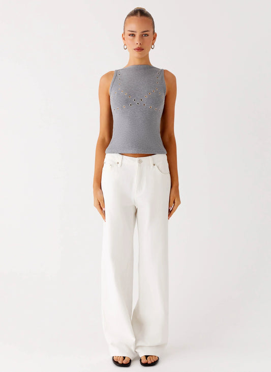 Drop Top Ribbed Eyelet Tank Top - Marle Grey