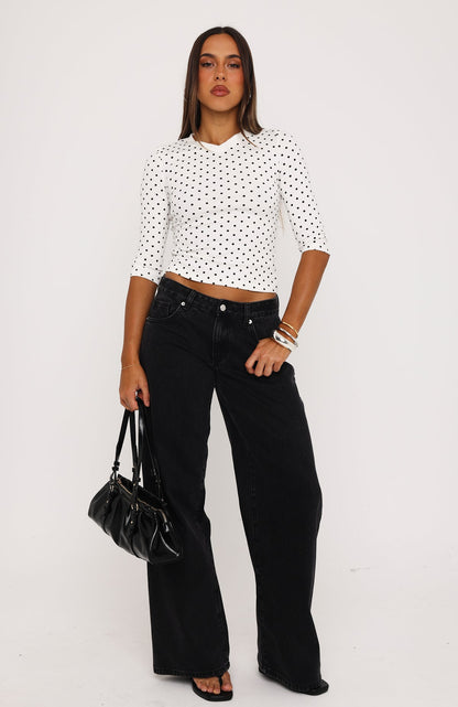 Easy To Admire V Neck 3/4 Sleeve Top White/Black Polka Dot