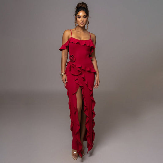 Backless Slit Spliced Halter Dress