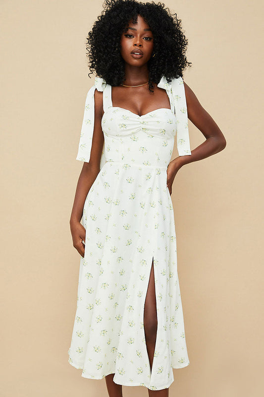 Ditsy Floral Tie Strap Fit & Flare High Slit Slip Midi Sun Dress - Yellow